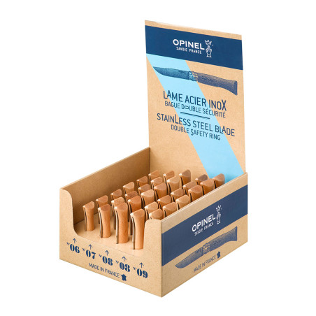 Caja con 30 navajas acero inoxidable, 6 unid. nº6 + 6 unid. nº7 + 12 unid. nº8 + 6 unid. nº9. opinel