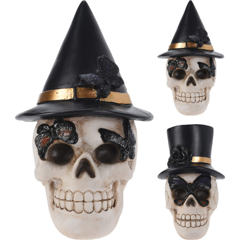 Calavera con sombrero halloween, 2 modelos, 10x11x14cm. basics