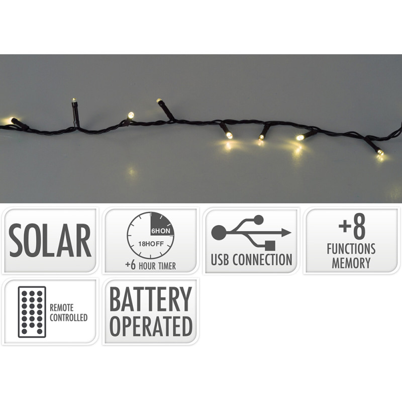 Guirnalda led 8 funciones centelleante, blanco calido, ip44, solar. basics