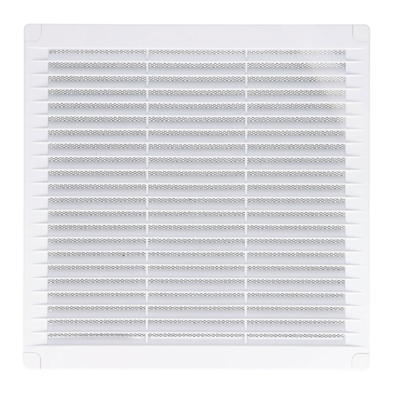 Rejilla ventilación cuadrada con tapones y mosquitera 200x200x7mm abs blanca