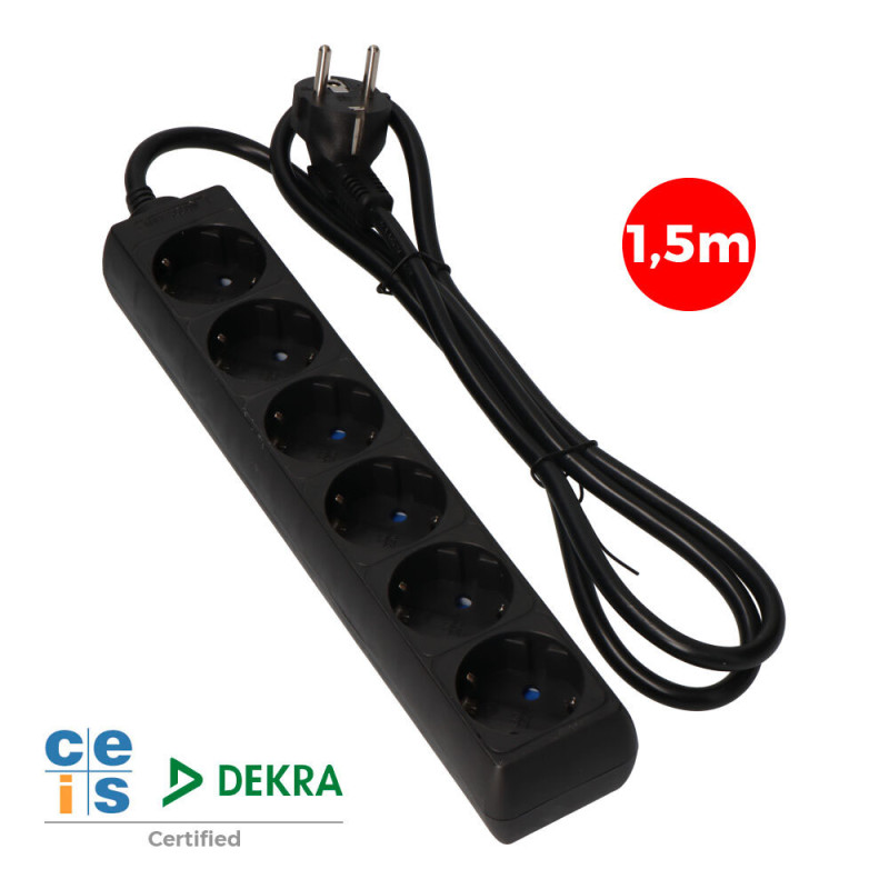 Prolongador con 6 tomas 2p+t, 16a 250v~ 1,5 m de cable h05vv-f 3g1,5mm² negro