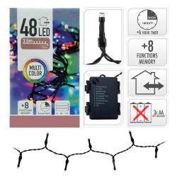 Guirnalda a pilas, multifunción, uso exterior, multicolor, cable negro, 48 leds, 4 m
