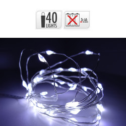 Guirnalda a pilas, función fija, uso interior, blanco frío, cable alambre plateado, 40 leds, 195 cm