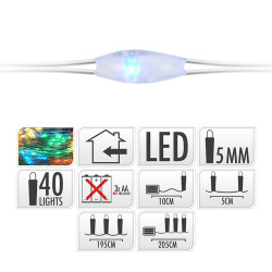 Guirnalda a pilas, función fija, 40 leds, cable alambre plateado, luz multicolor, 195 cm