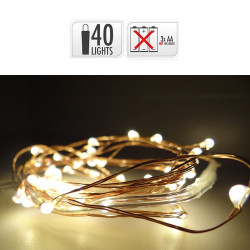 Guirnalda a pilas, función fija, uso interior, blanco cálido, cable alambre cobre, 40 leds, 195 cm