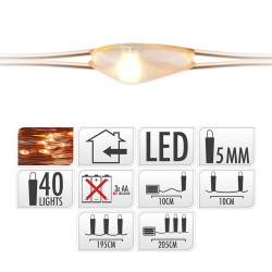 Guirnalda a pilas, función fija, uso interior, blanco cálido, cable alambre cobre, 40 leds, 195 cm