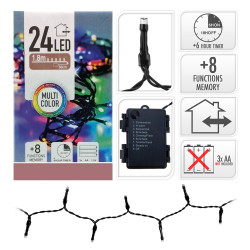 Guirnalda a pilas, multifunción, uso exterior, multicolor, cable negro, 24 leds, 2,30 m