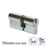 Cilindro 70mm (40+30mm) niquelado, leva larga r15 con 3 llaves de serreta incluidas