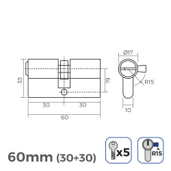 Cilindro 60mm (30+30mm) niquelado, leva larga r15 con 5 llaves seguridad incluidas