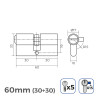 Cilindro 60mm (30+30mm) niquelado, leva larga r15 con 5 llaves seguridad incluidas
