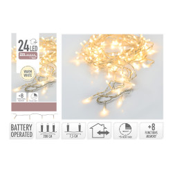 Guirnalda a pilas, multifunción, uso exterior, blanco cálido, cable transparente, 24 leds, 2,30 m