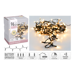 Guirnalda a pilas, multifunción, uso exterior, blanco cálido, cable negro, 96 leds, 7,50 m