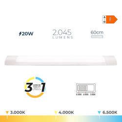 Regleta led 20 w temperatura de luz variable 6500 k / 4000 k / 3000 k 2045 lm, 60 x 2,6 x 7,4 cm