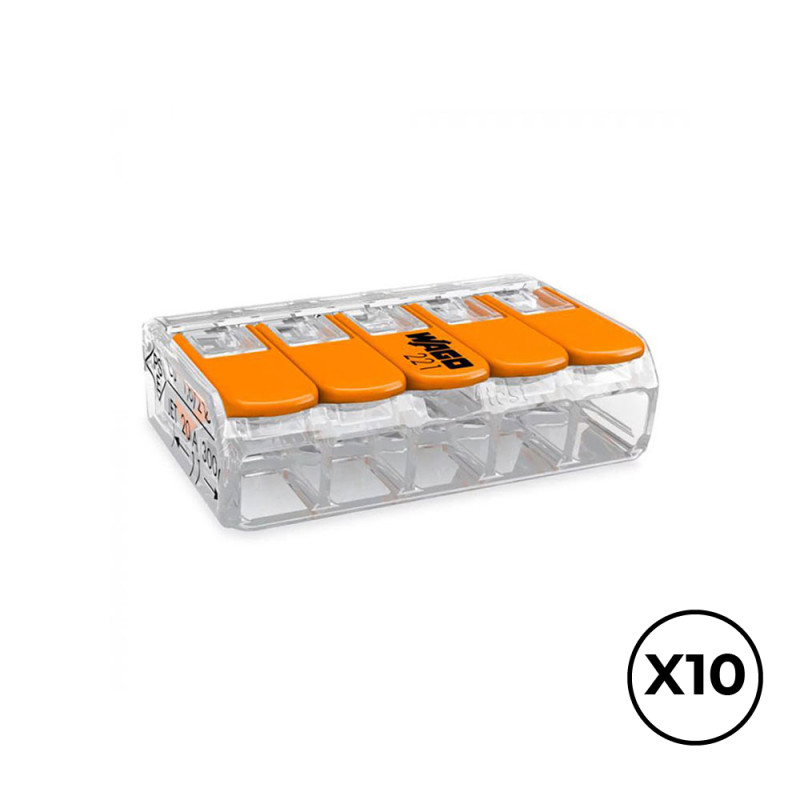 Conector rapido con palanca 5 conductores, ø maximo 4 mm², 450 v , 32 a transparente 30 x 18,6 x 8,4 mm. contiene 10 unidades