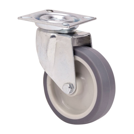 Rueda giratoria de goma con placa y eje liso, color gris, carga máx. 60 kg. ø 8 cm
