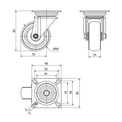 Rueda giratoria de goma con placa y eje liso, color gris, carga máx. 60 kg. ø 8 cm
