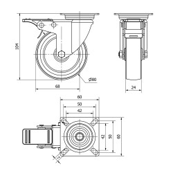 Rueda giratoria de goma con placa, eje liso y freno, color gris, carga máx. 60 kg, ø 8 cm
