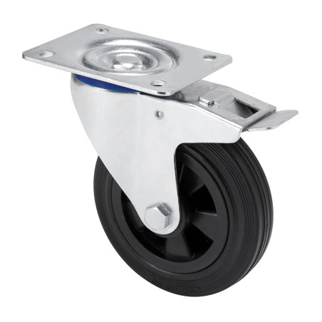 Rueda giratoria de goma natural con placa, eje liso y freno, color negro, carga máx. 60 kg, ø 8 cm