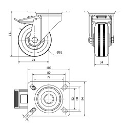 Rueda giratoria de goma natural con placa, eje liso y freno, color negro, carga máx. 60 kg, ø 8 cm
