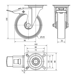 Rueda giratoria de poliamix con placa, eje liso y freno, color blanco, carga máx.170 kg, ø 12,5 cm