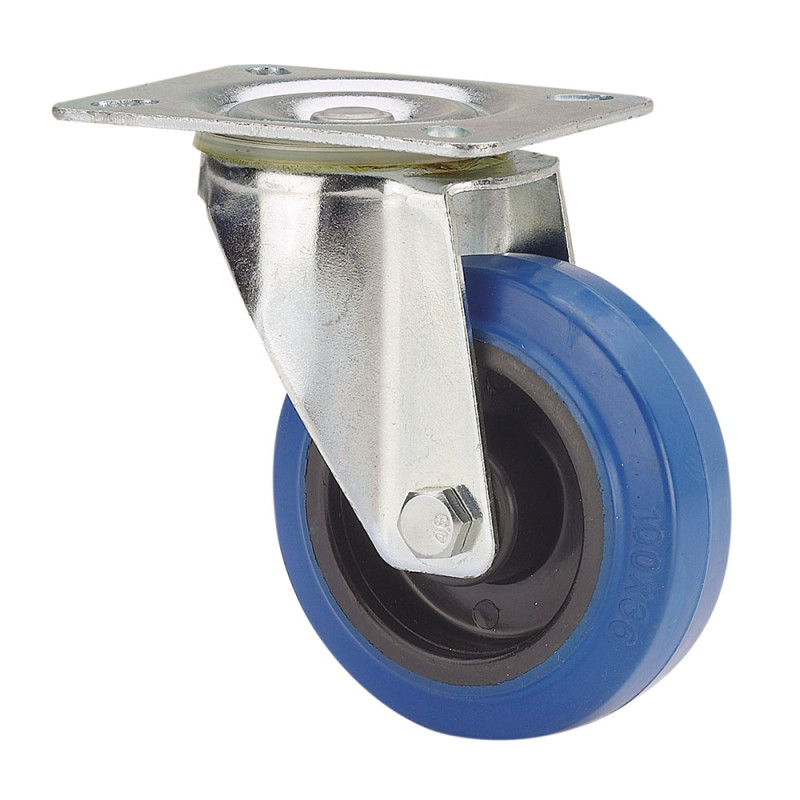 Rueda giratoria de goma con placa y eje de rodillos, color azul, carga máx. 100 kg, ø 10 cm