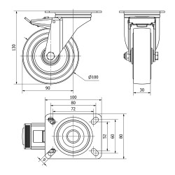 Rueda giratoria de goma con placa, eje de rodillos y freno, color azul, carga máx. 100 kg, ø 10 cm