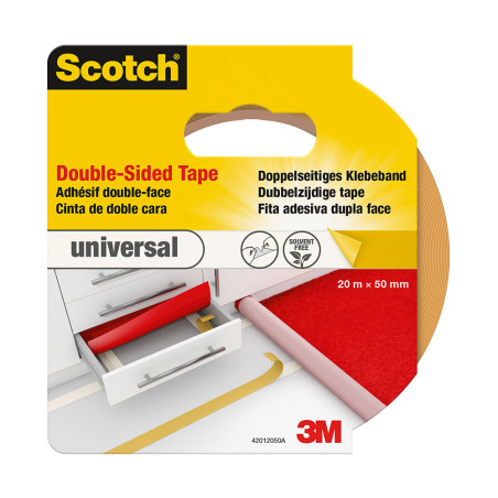 Cinta doble cara, universal, blanca, 20 m x 50 mm