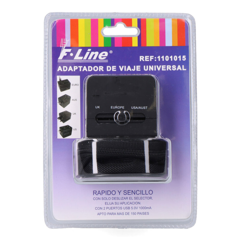 Adaptador de viaje universal 2 usb 3 clavijas eu, uk, usa/aus, negro, 45 x 55 x 60 mm