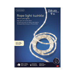 Cordón de luces led blanco cálido, uso exterior, 216 leds, 8 funciones, alambre plateado, 9 m