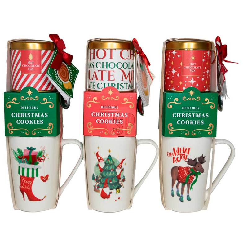 Taza de navidad con galletas y mezcla de chocolate caliente. 3 modelos variados
