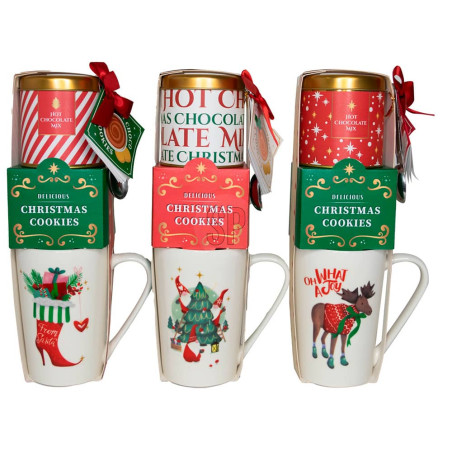 Taza de navidad con galletas y mezcla de chocolate caliente. 3 modelos variados