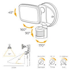 Aplique foco led con sensor crepuscular y de movimiento 10 w 750 lm 4000 k luz día, ip65, negro, ø12 × 14 × 17 cm