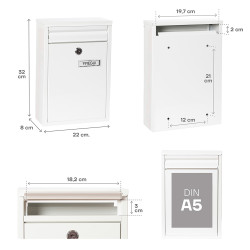 Buzón individual exterior, pequeño, zaguán, acero, blanco, 22 x 8 x 32 cm