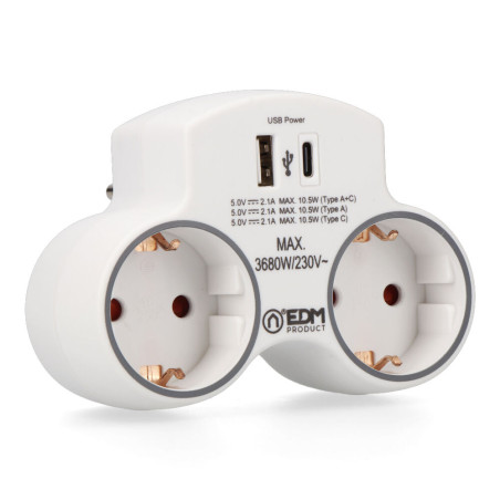 Adaptador 2 tomas 2p+t schuko con 2 usb (a + c), blanco