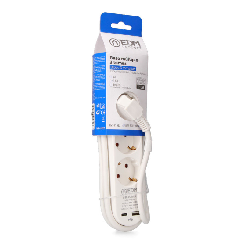 Prolongador con 3 tomas 2p+t schuko, con interruptor, 2 usb a + c, 16 a 250 v, cable h05vv-f, 3g1,5mm² de 1,5 m, blanco
