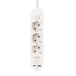 Prolongador con 3 tomas 2p+t schuko, con interruptor, 2 usb a + c, 16 a 250 v, cable h05vv-f, 3g1,5mm² de 1,5 m, blanco