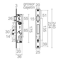 Cerradura embutir c/c cre10 20/85 mm inox
