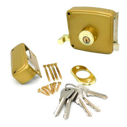 Cerradura, sobreponer, modelo crs02, de acero con acabado oro, 40 x 80 mm, mano izquierda