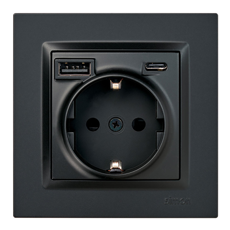 Base enchufe schuko + usb a + c 10,5 w 16 a 250 v~, simon 10, negro