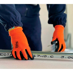 Guante poliéster con palma látex rugoso, keep safe, naranja y negro, t-9 l
