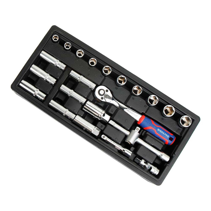 Juego carraca y vasos 3/8 pulg, 23 piezas, (métrico)