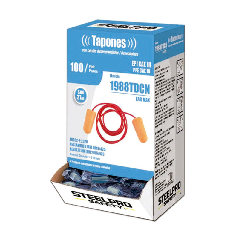 Tapones auditivos ear max desechables con cordón, caja 100 uds