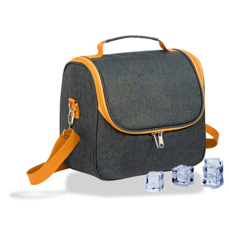 Nevera tipo bolsa 9 l diseño tejana gris con ribete y asa naranja, 26 x 15 x 25 cm