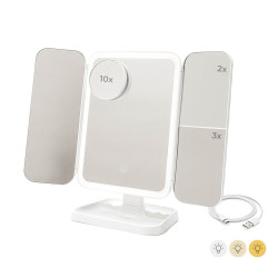 Espejo tríptico plegable de sobremesa con aumento y luz led recargable