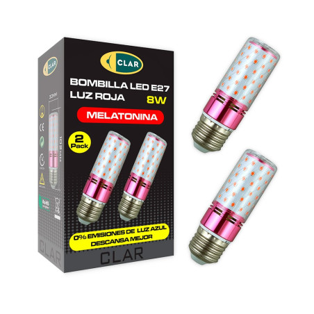 Bombilla tubular roja melatonina e27 8 w, 2 uds
