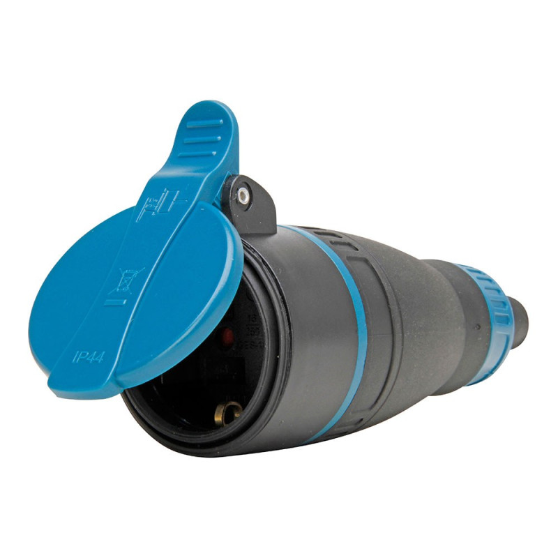 Base móvil bipolar con t/t y tapa azul 16a 250 v, ip44, negra, máx. 3 x 1,5 mm²