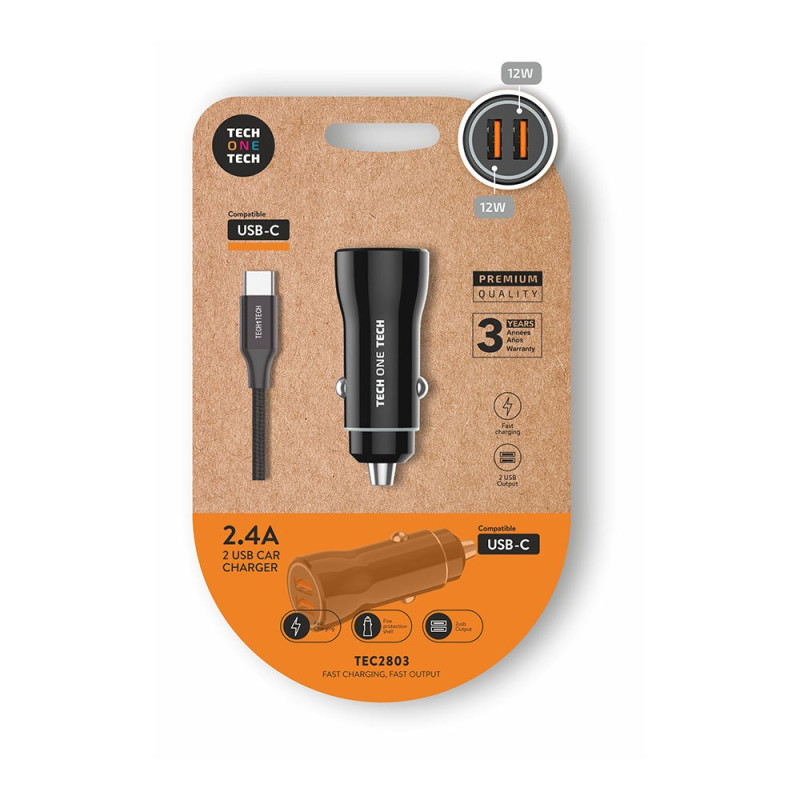 Cargador mechero coche 2 x usb-a, 12 w, negro + cable usb-c de 1 m