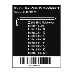 Llaves hexagonales acodadas métricas multicolor, juego 9 piezas