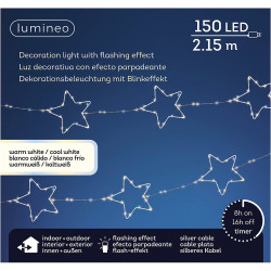 Guirnalda led exterior con estrellas, luz cálida, parpadeante, 150 leds, cable plateado, 2,15 m