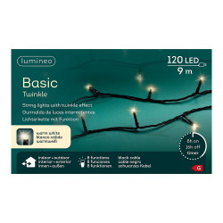 Guirnalda multifunción, uso exterior, basic, blanco cálido, cable negro, 120 leds, 9 m
